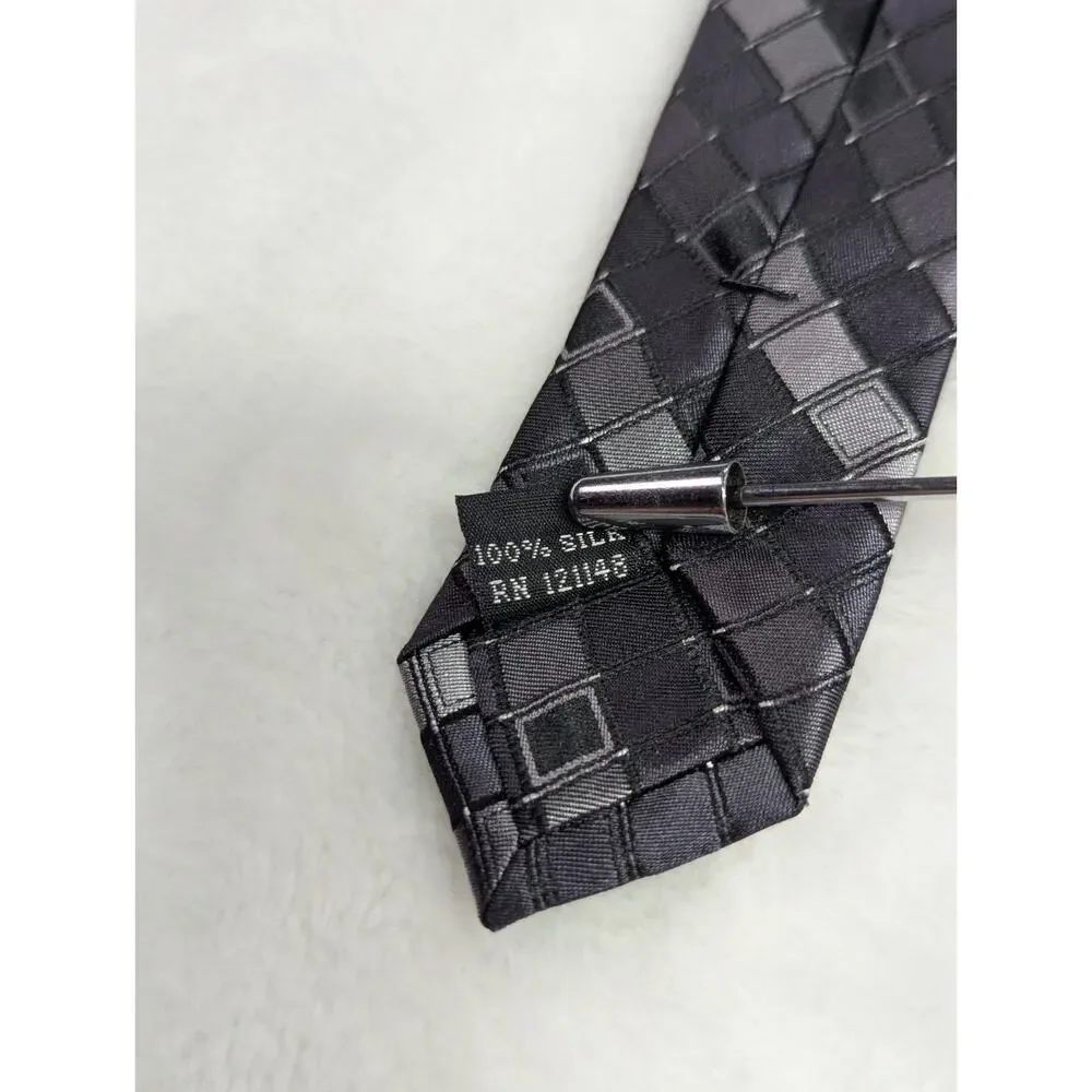 Vintage ck Calvin Klein Silk Necktie Gray Black Checkered Geometric Y2K 3.25